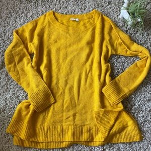 Bright mustard yellow knitted slotted lazy sweater, can be worn as dress…